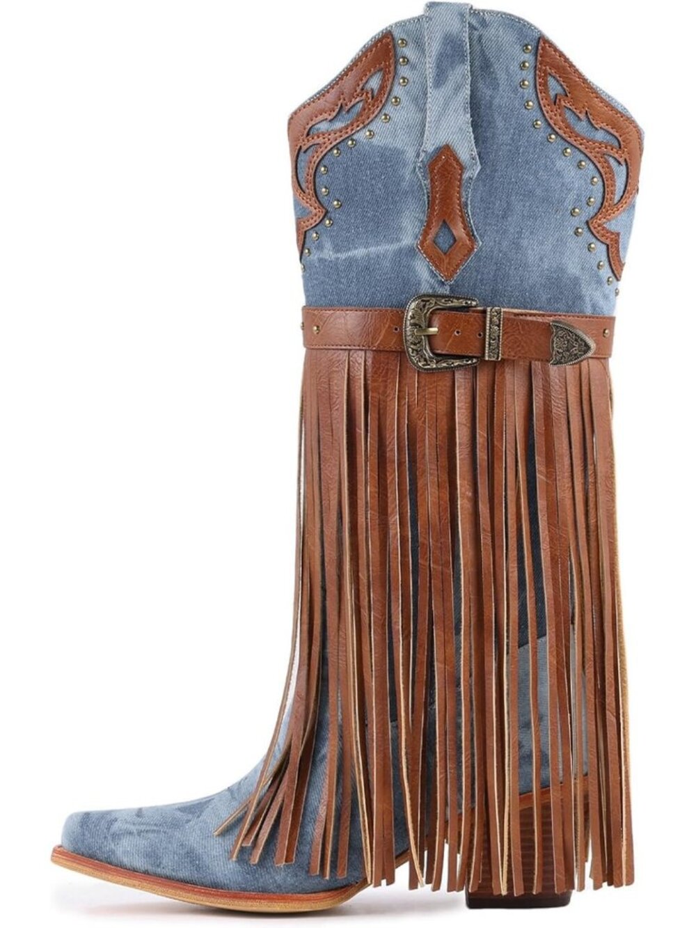 Women's Blue Faux Leather Fringe Western Cowgirl Boots Pointed Toe Chunky Heel - Picture 7 of 7